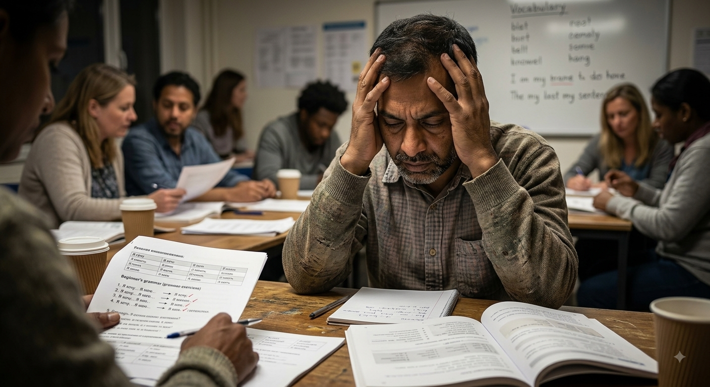 Adult migrant facing the difficulty of learning a new language under stress